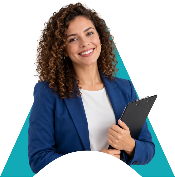 Empreendedora sorrindo segurando uma prancheta com documentos da empresa